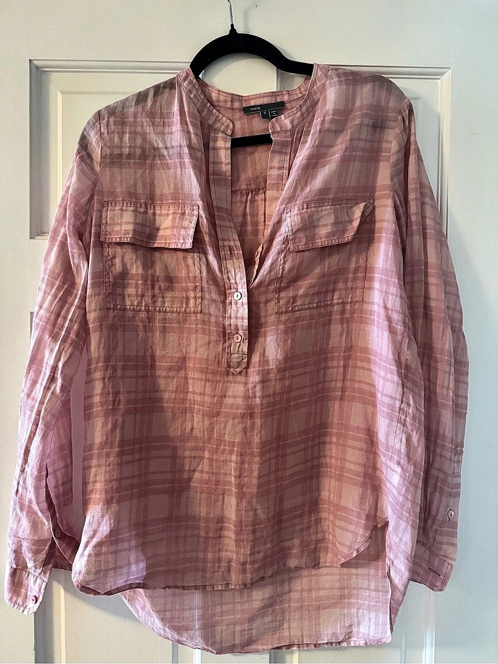 Vince Pink Plaid Front Pockets Half Button Blouse